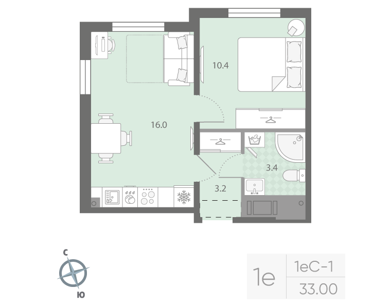 2-комнатная (Евро) квартира, 33 м² в ЖК "Дыбенко Парк" - планировка, фото №1