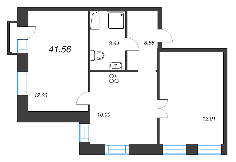 2-комнатная квартира, 41.56 м² - планировка, фото №1