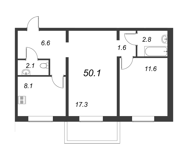 2-комнатная квартира, 49.4 м² - планировка, фото №1