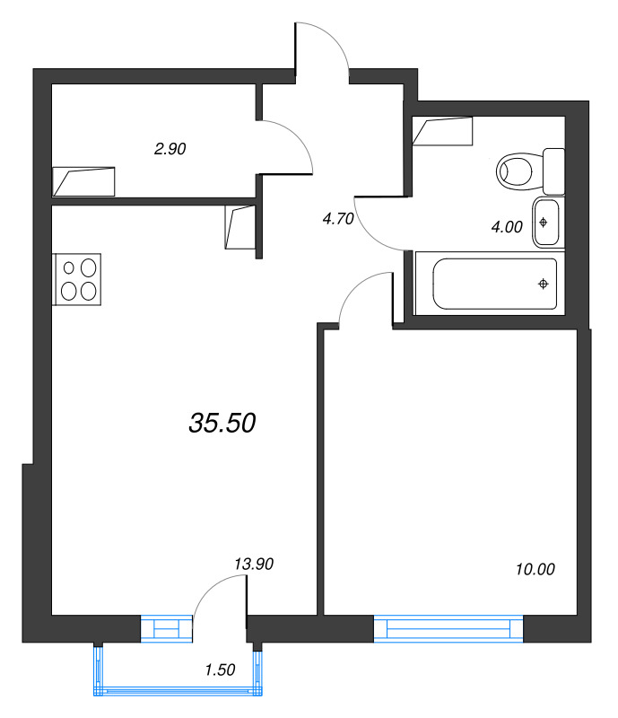 1-комнатная квартира, 35.5 м² в ЖК "Струны" - планировка, фото №1