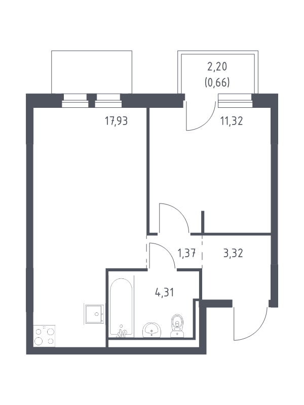 2-комнатная (Евро) квартира, 38.91 м² - планировка, фото №1