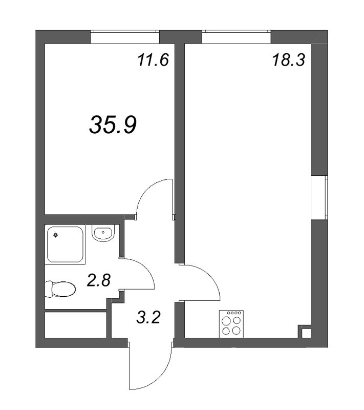 2-комнатная (Евро) квартира, 35.9 м² в ЖК "Октябрьская набережная" - планировка, фото №1