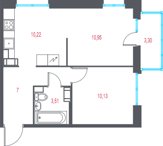 2-комнатная квартира, 42.8 м² - планировка, фото №1