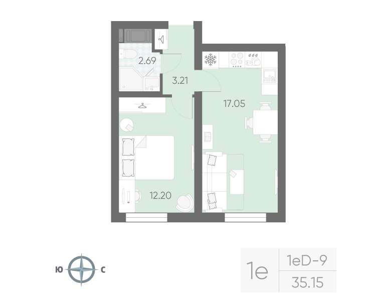 2-комнатная (Евро) квартира, 35.15 м² в ЖК "Морская миля" - планировка, фото №1