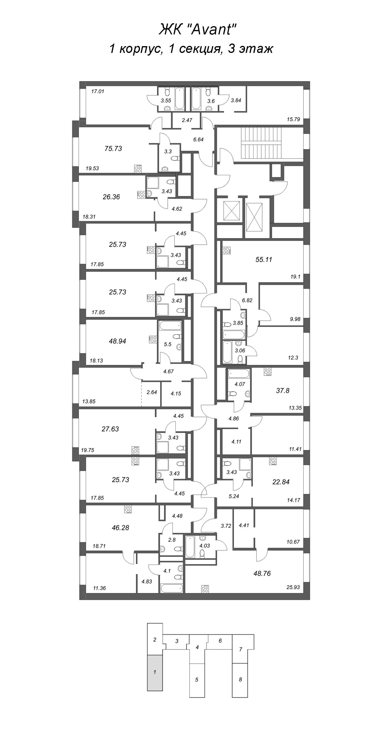 3-комнатная (Евро) квартира, 55.11 м² - планировка этажа