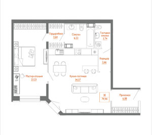 2-комнатная (Евро) квартира, 80.5 м² в ЖК "Monodom Line" - планировка, фото №1