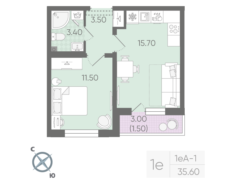 2-комнатная (Евро) квартира, 35.6 м² в ЖК "Ручьи" - планировка, фото №1