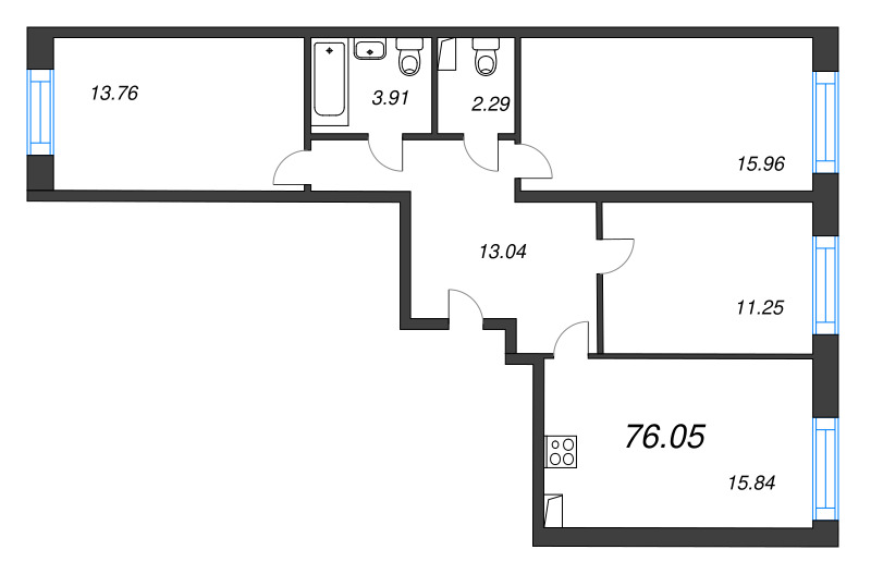 4-комнатная (Евро) квартира, 76.05 м² в ЖК "Остров Первых" - планировка, фото №1