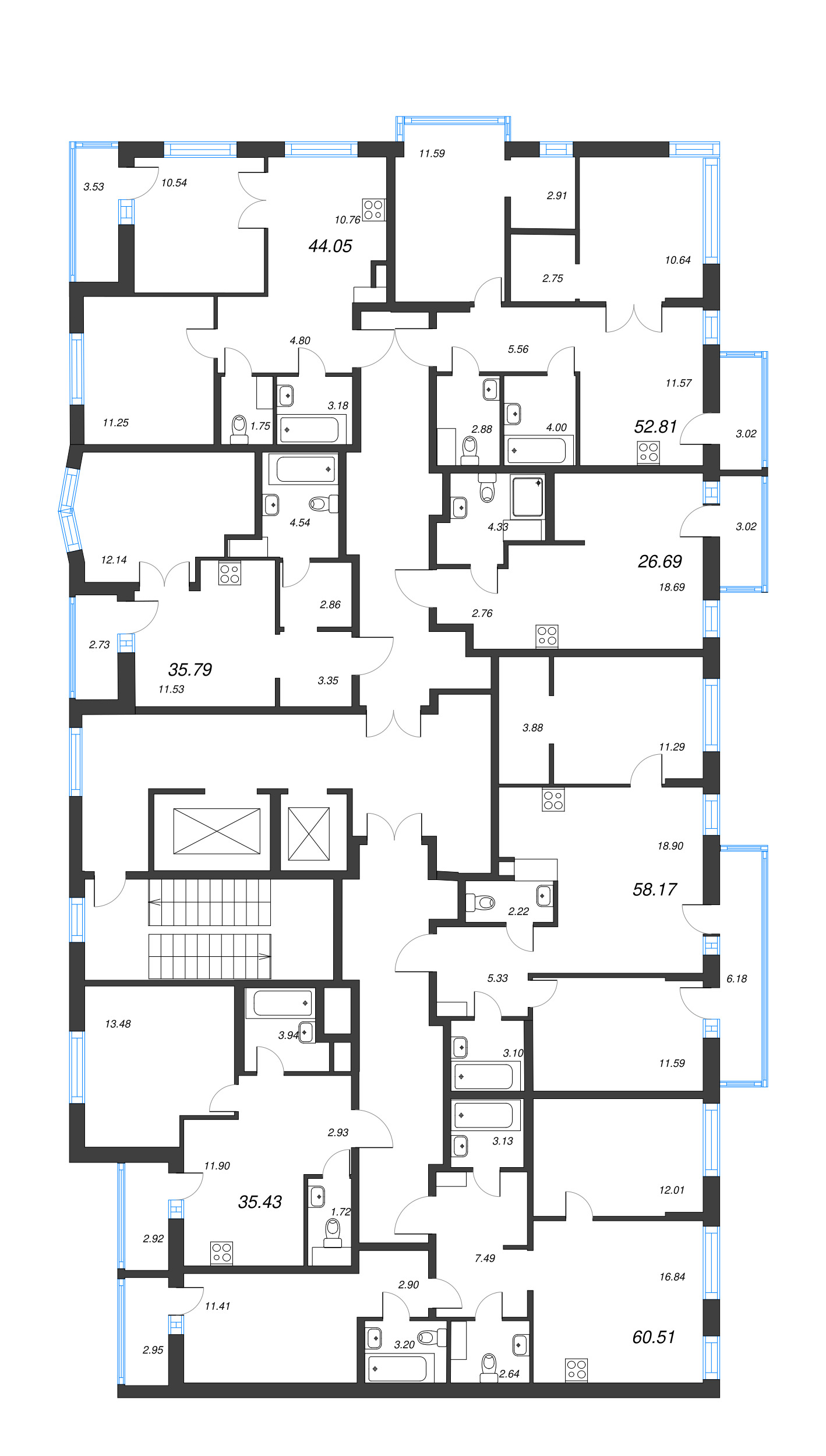 3-комнатная (Евро) квартира, 60.51 м² в ЖК "ID Murino III" - планировка этажа