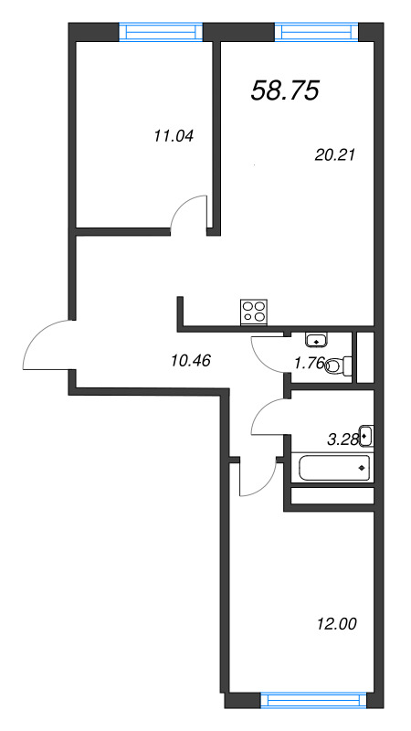 3-комнатная (Евро) квартира, 58.75 м² в ЖК "Legenda Васильевского" - планировка, фото №1