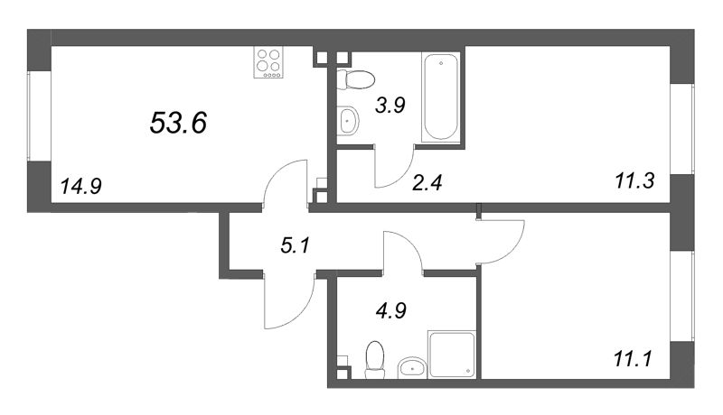 2-комнатная квартира, 53.6 м² в ЖК "Пулково Lake" - планировка, фото №1