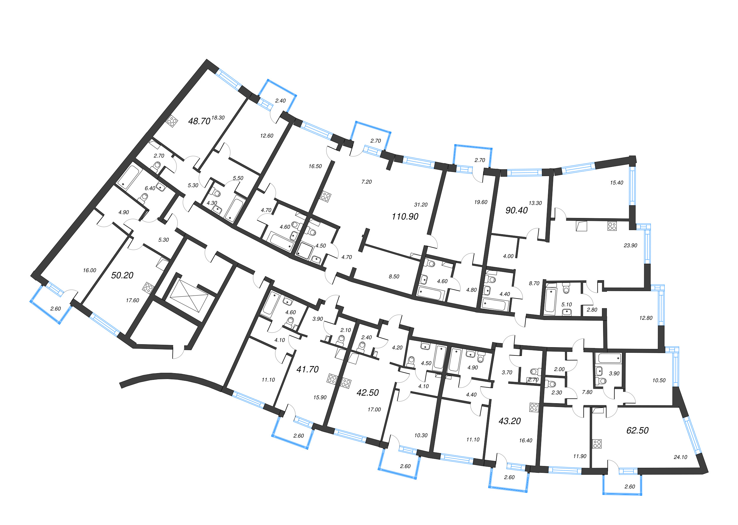 2-комнатная (Евро) квартира, 50.2 м² в ЖК "Цвет Зеленогорска" - планировка этажа