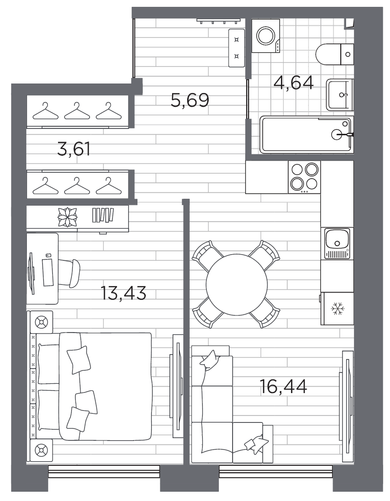 2-комнатная (Евро) квартира, 43.81 м² в ЖК "Галерная гавань" - планировка, фото №1