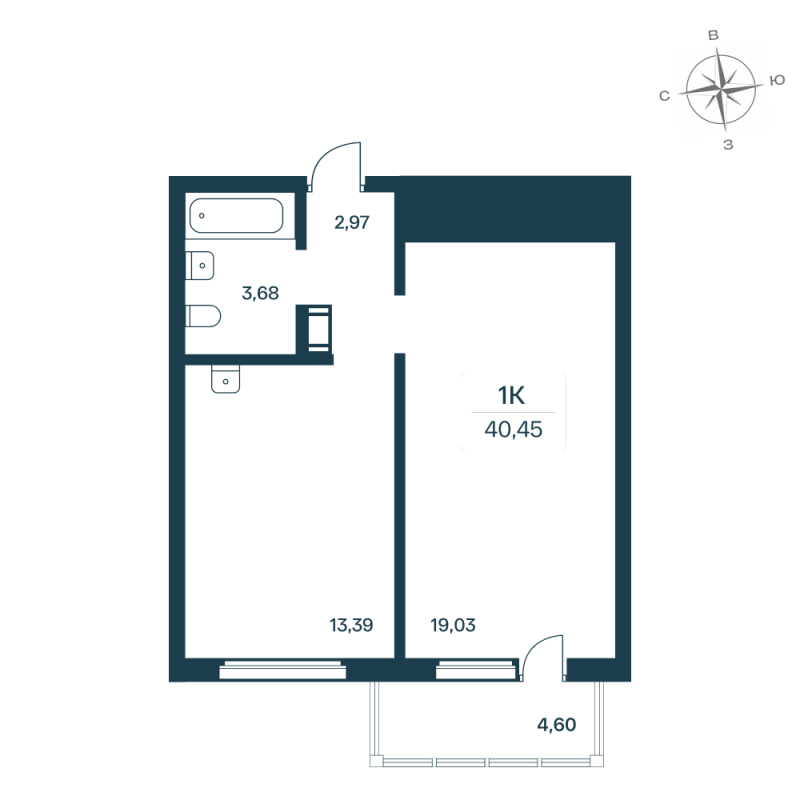 1-комнатная квартира, 40.7 м² - планировка, фото №1