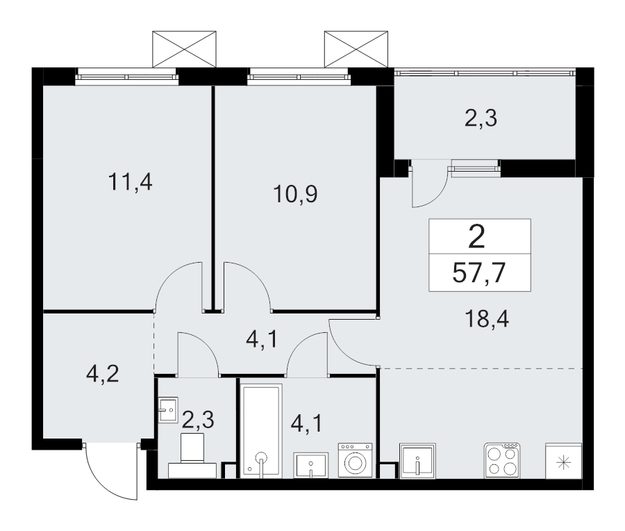 3-комнатная (Евро) квартира, 57.7 м² в ЖК "А101 Лаголово" - планировка, фото №1