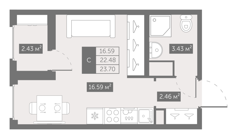 Квартира-студия, 22.54 м² - планировка, фото №1