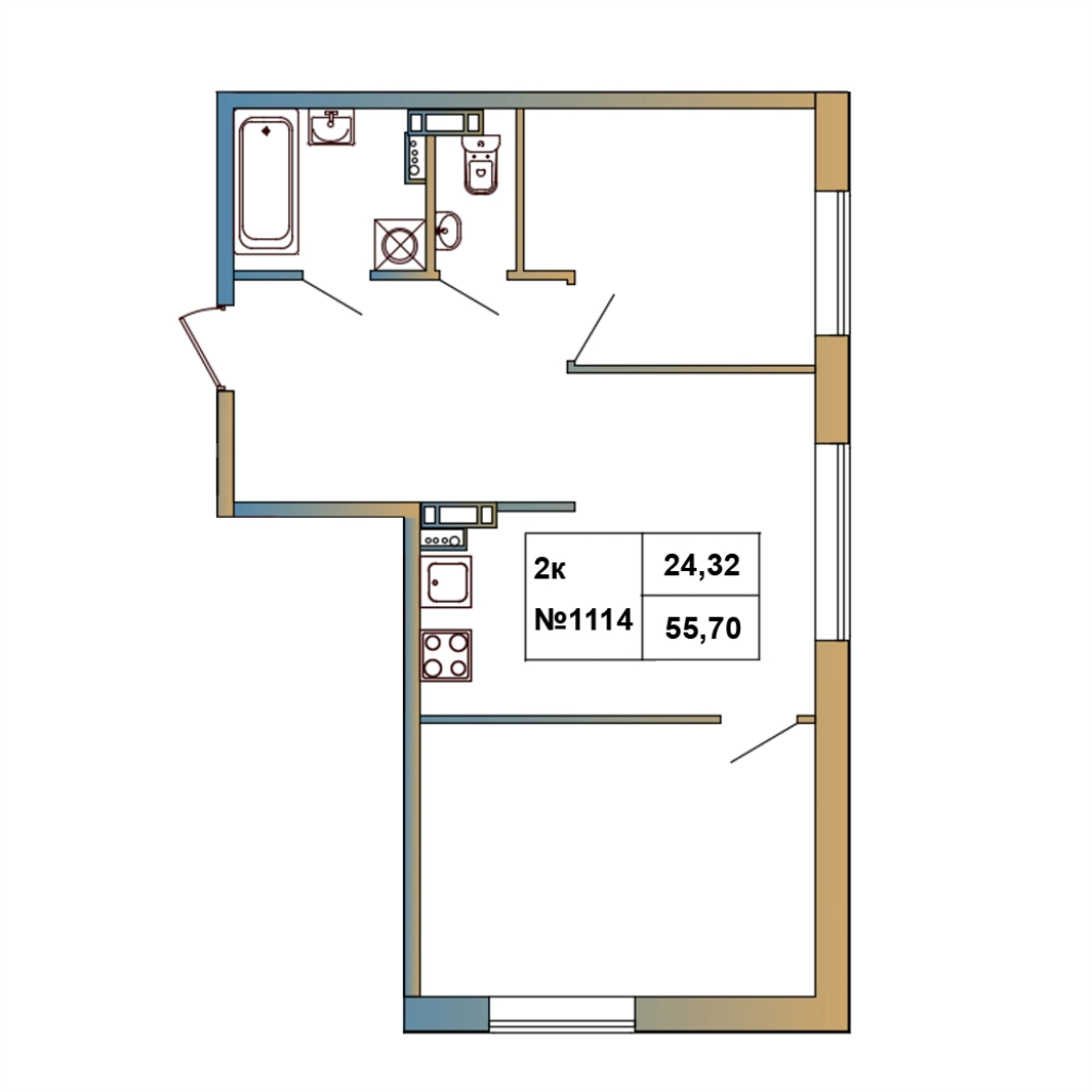 2-комнатная квартира, 55.7 м² в ЖК "Атмосфера Выборга" - планировка, фото №1