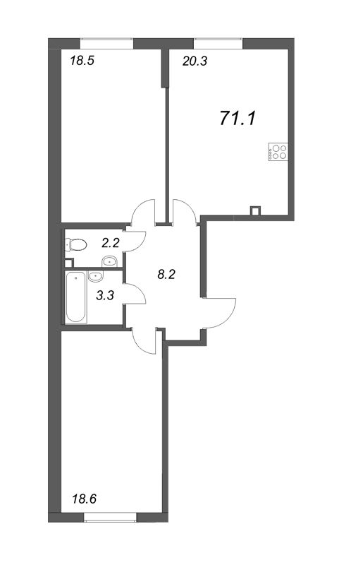 3-комнатная (Евро) квартира, 71.1 м² - планировка, фото №1