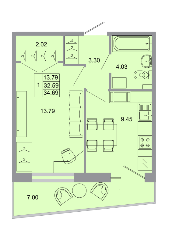 1-комнатная квартира, 34 м² в ЖК "Стороны света" - планировка, фото №1