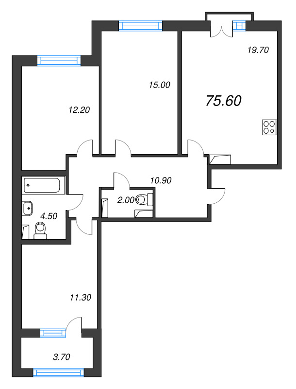 4-комнатная (Евро) квартира, 75.6 м² - планировка, фото №1