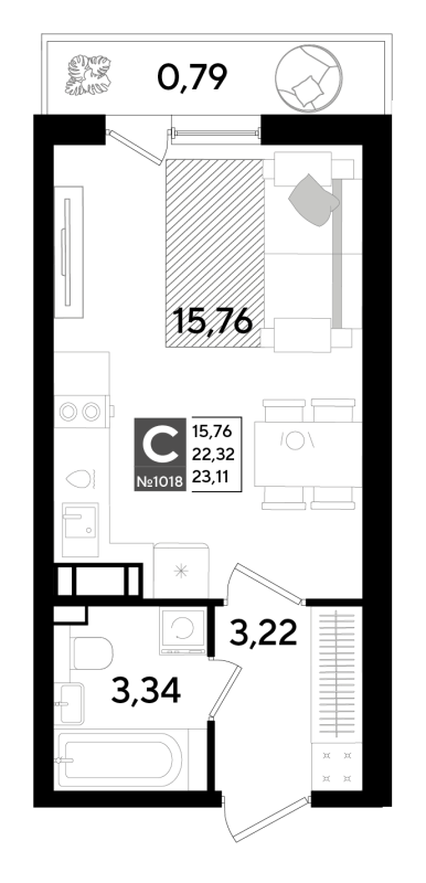 Квартира-студия, 23.11 м² в ЖК "Догма Юкки" - планировка, фото №1