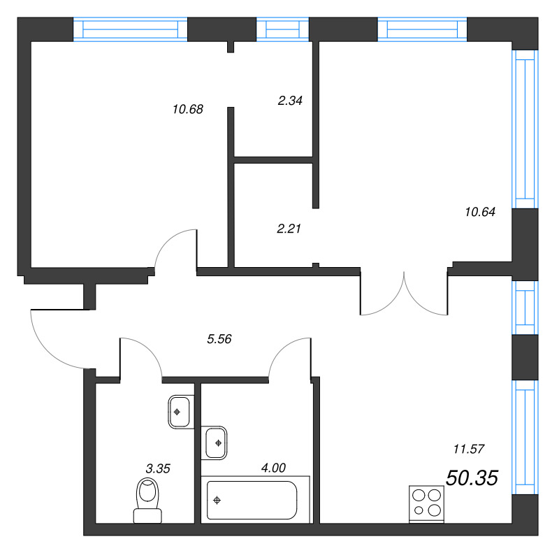 2-комнатная квартира, 50.35 м² - планировка, фото №1