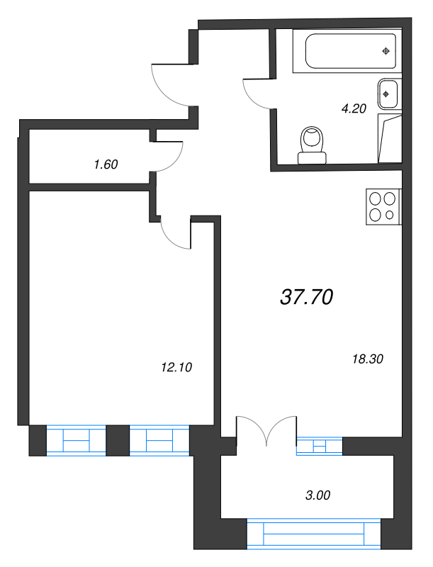1-комнатная квартира, 37.7 м² в ЖК "NewПитер 2.0" - планировка, фото №1