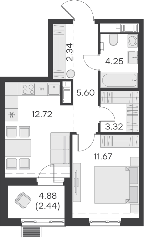 1-комнатная квартира, 43.8 м² в ЖК "GloraX Балтийская" - планировка, фото №1