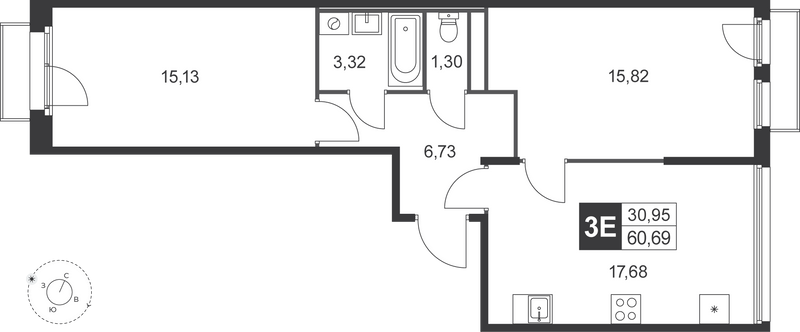 3-комнатная (Евро) квартира, 60.69 м² в ЖК "Слобода" - планировка, фото №1