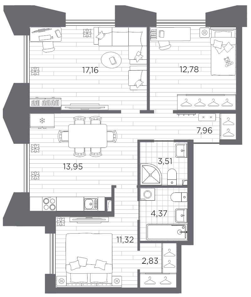 3-комнатная квартира, 73.88 м² в ЖК "Галерная гавань" - планировка, фото №1