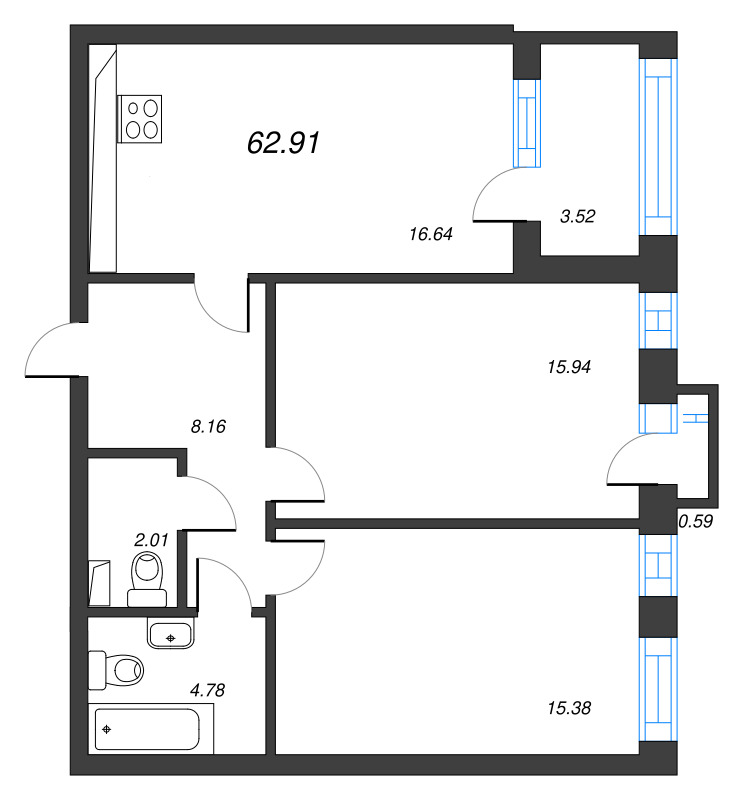 2-комнатная квартира, 64.15 м² в ЖК "Кронфорт. Центральный" - планировка, фото №1