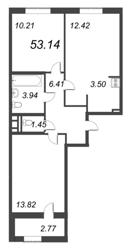 3-комнатная (Евро) квартира, 53.14 м² - планировка, фото №1