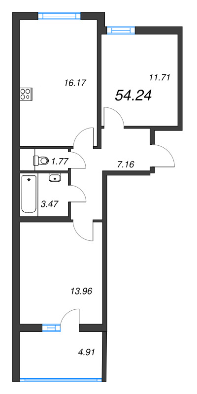3-комнатная (Евро) квартира, 54.24 м² - планировка, фото №1