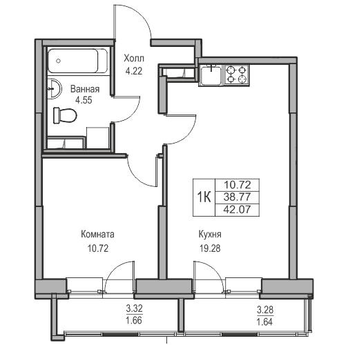2-комнатная (Евро) квартира, 42.07 м² в ЖК "Юнтолово" - планировка, фото №1