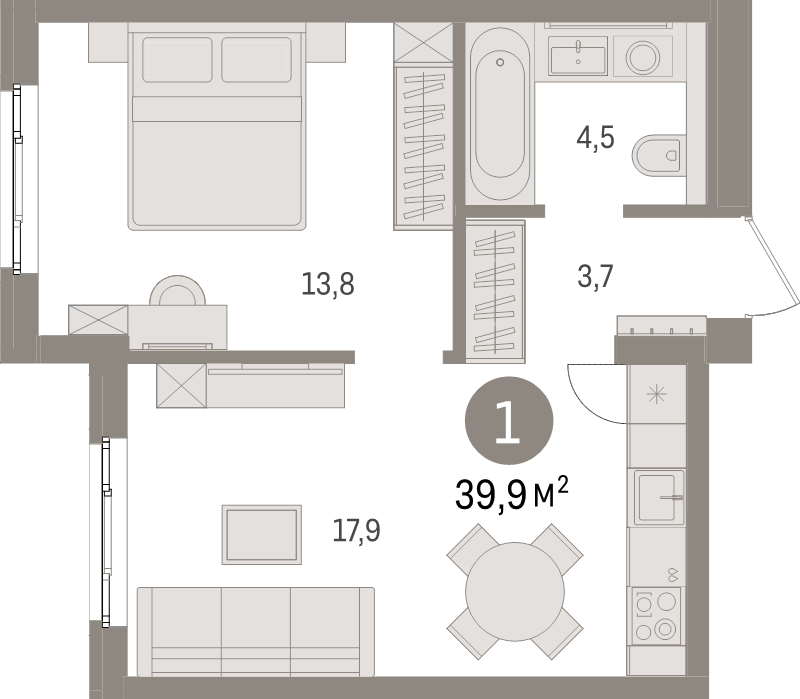 2-комнатная (Евро) квартира, 39.9 м² в ЖК "Брусника в Новоселье" - планировка, фото №1