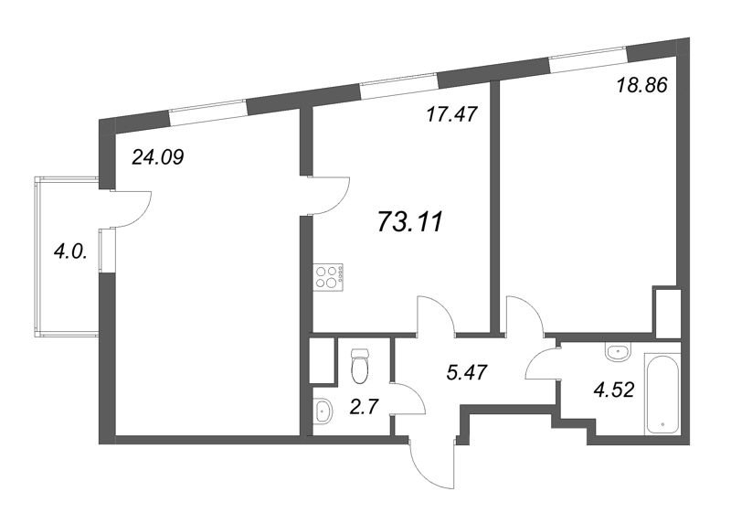 3-комнатная (Евро) квартира, 73.11 м² - планировка, фото №1
