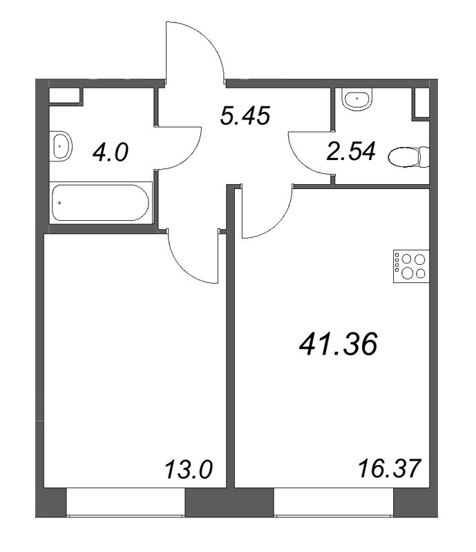 2-комнатная (Евро) квартира, 41.36 м² в ЖК "Дом на Курской" - планировка, фото №1