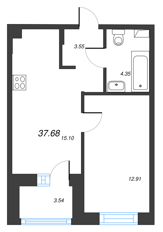 2-комнатная (Евро) квартира, 37.68 м² в ЖК "Тишин" - планировка, фото №1