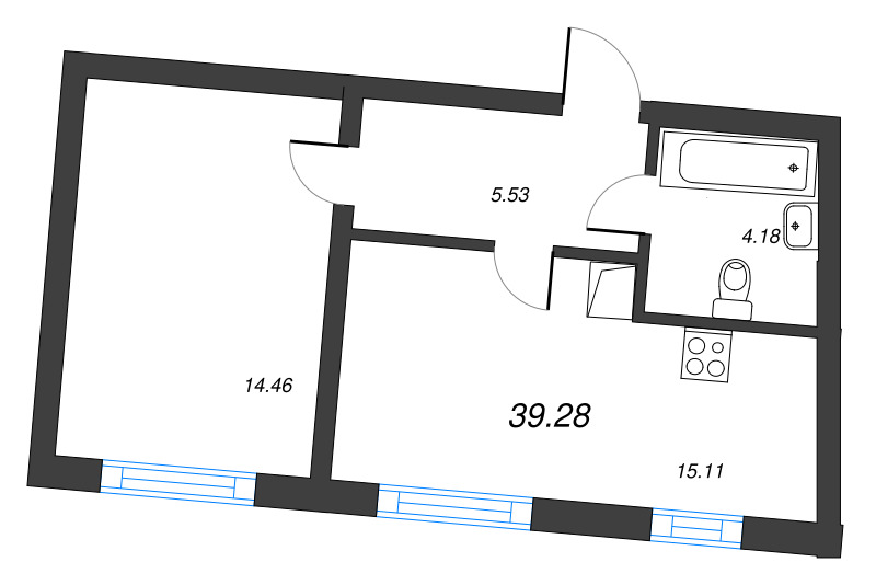 1-комнатная квартира, 39.28 м² - планировка, фото №1