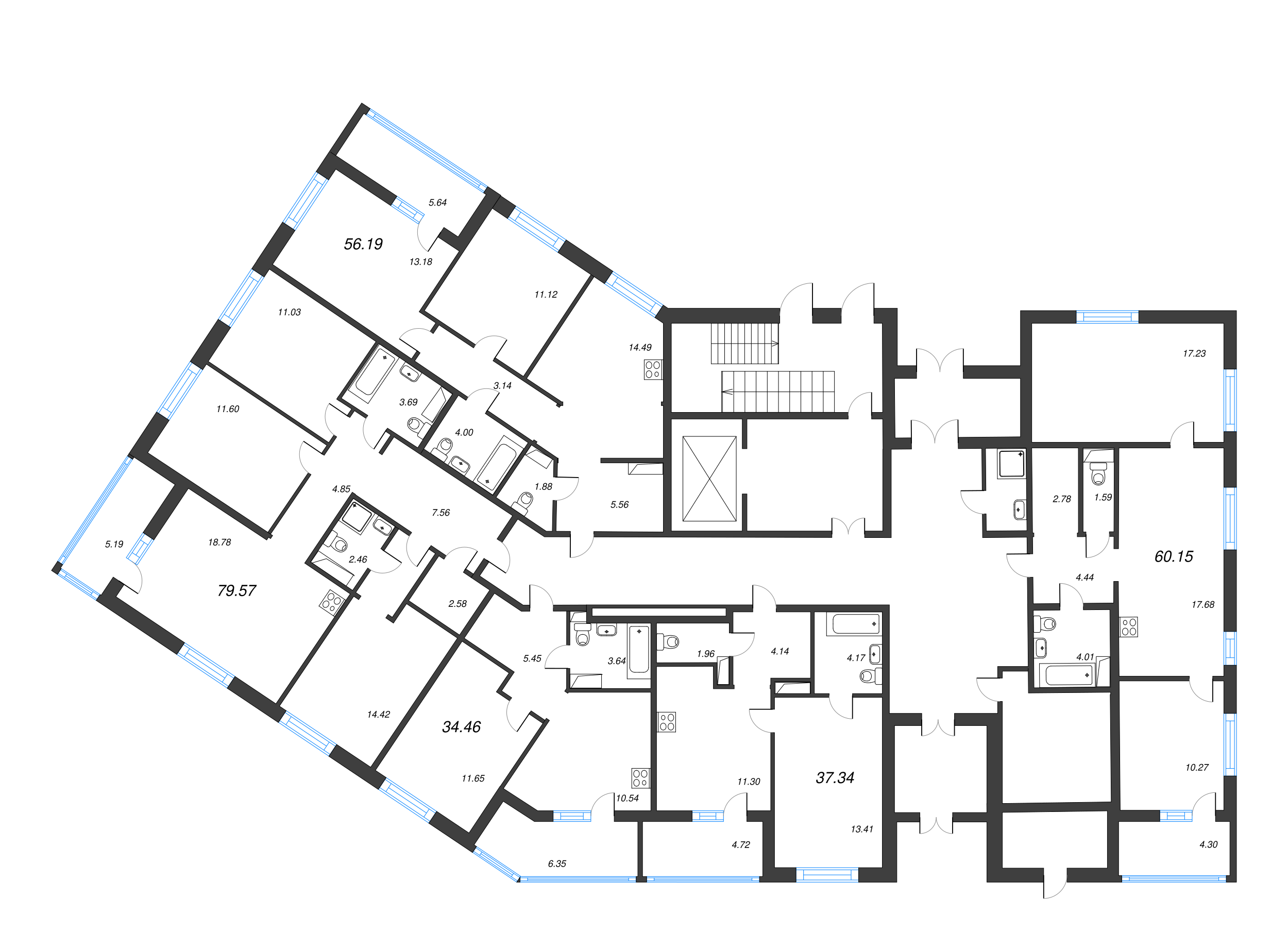 2-комнатная (Евро) квартира, 39.7 м² - планировка этажа