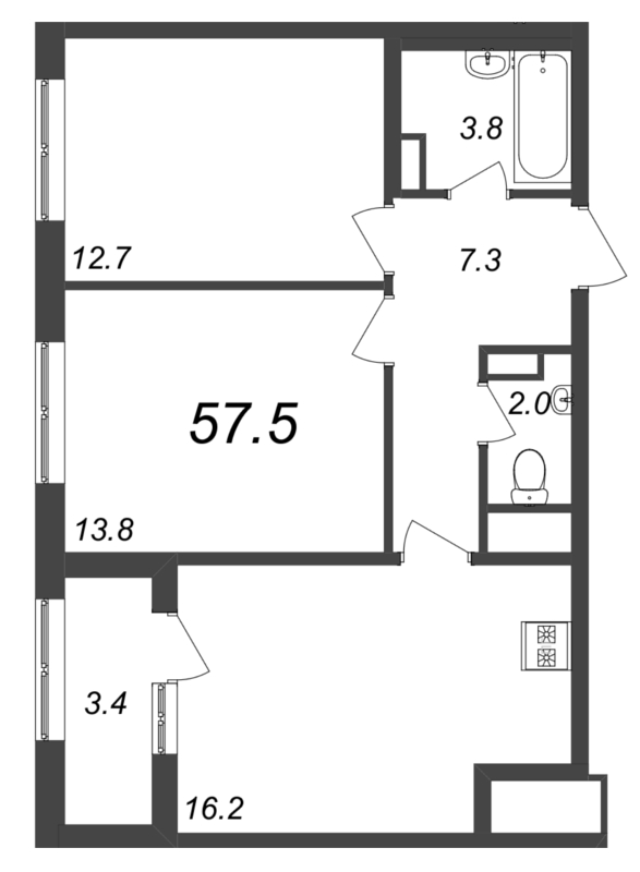 2-комнатная квартира, 57.5 м² - планировка, фото №1