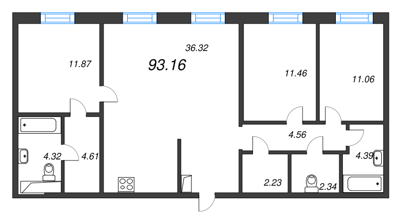 4-комнатная (Евро) квартира, 93.16 м² - планировка, фото №1