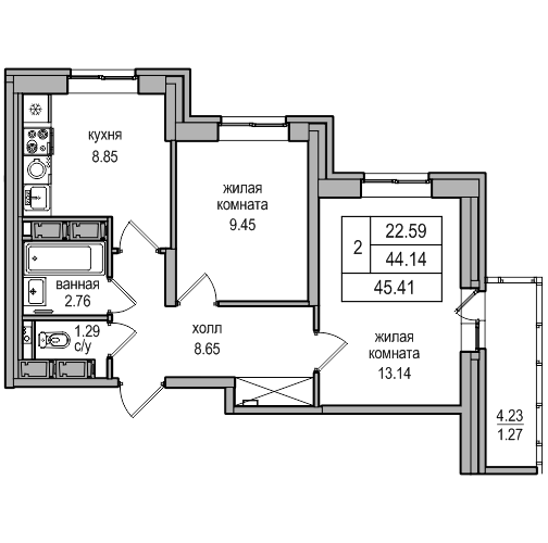 2-комнатная квартира, 45 м² в ЖК "Северная Долина" - планировка, фото №1