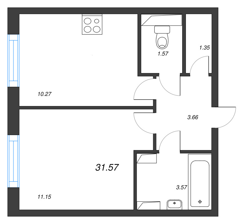 1-комнатная квартира, 31.57 м² - планировка, фото №1