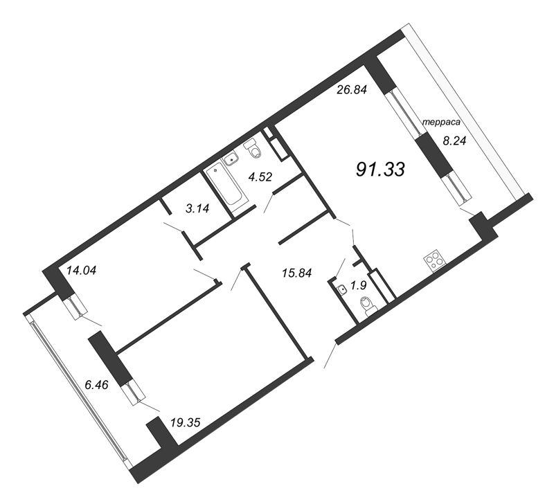 3-комнатная (Евро) квартира, 91.33 м² - планировка, фото №1