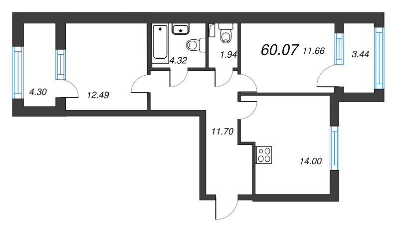 2-комнатная квартира, 60.07 м² - планировка, фото №1