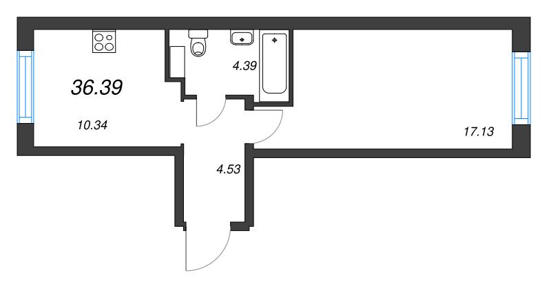 1-комнатная квартира, 36.39 м² - планировка, фото №1