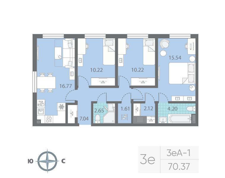 4-комнатная (Евро) квартира, 70.37 м² в ЖК "Морская миля" - планировка, фото №1