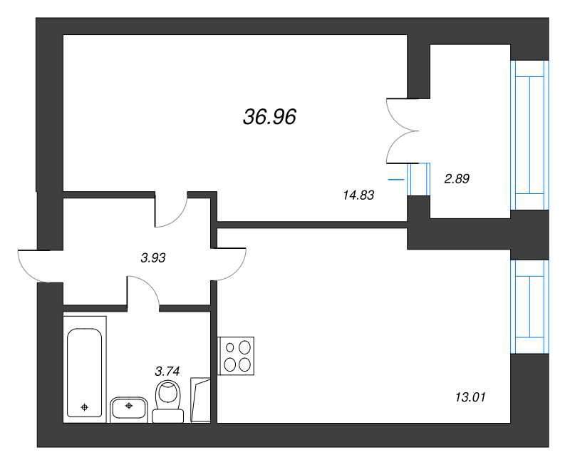 1-комнатная квартира, 39.2 м² - планировка, фото №1