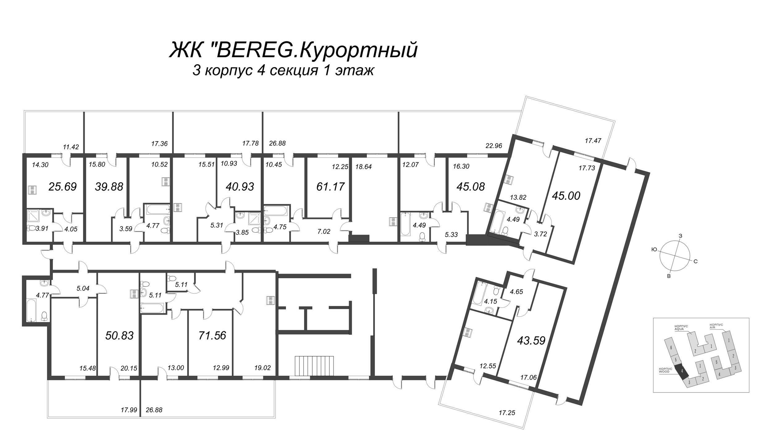 2-комнатная (Евро) квартира, 45.08 м² - планировка этажа